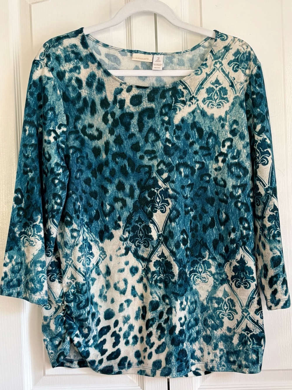 Chico's Teal and Cream Printed Women’s Top, size 3